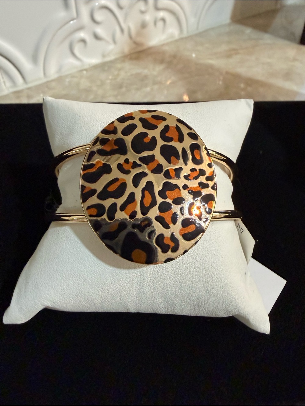 True To Form Gold-Tone Cuff Bracelet with Leopard Print Disc NWT